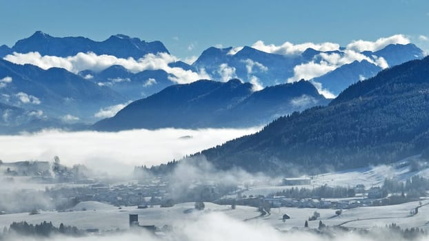 Drone photo of fog in the Allgäu Alps