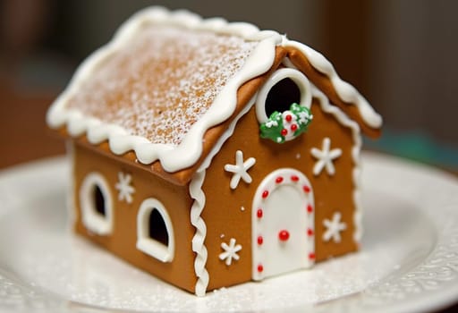 A charming gingerbread house with a snowy roof sits on a plate, surrounded by festive decorations capturing the holiday spirit. White sweet butter cream. New Year, Christmas decoration. Generative AI.