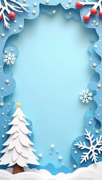 A handcrafted winter scene features delicate paper cut designs of snow-covered trees and intricate snowflakes against a soft blue background for holiday decor. New Year, Christmas. Generative AI.