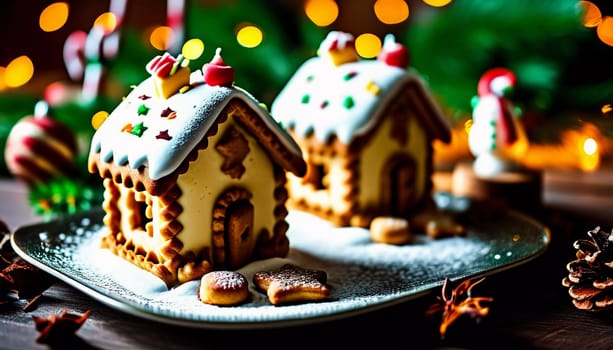 A charming gingerbread house with a snowy roof sits on a plate, surrounded by delightful treats and festive decorations, capturing the holiday spirit. New Year, Christmas decoration. Generative AI.