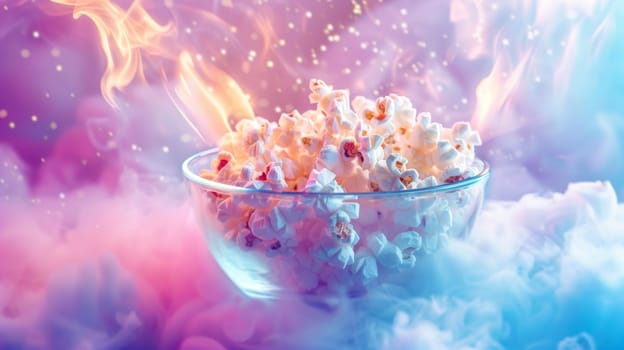 Abstract color background with a spinning bowl of popcorn