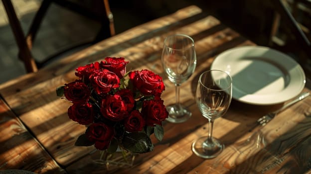 A romantic dinner setup with wine glasses and a bouquet of roses on a rustic wooden table, captured from a high angle