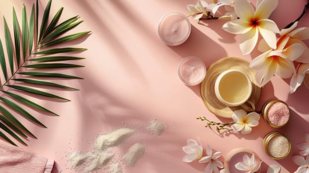 A pink background with a lot of flowers and a cup of tea. The flowers are in various sizes and colors