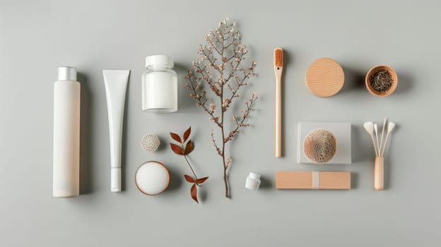 A collection of beauty products and natural elements, including a toothbrush, are arranged on a grey surface. Concept of relaxation and self-care