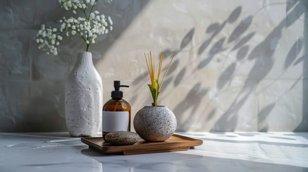 A white vase with a yellow flower in it sits on a wooden tray. Beauty and wellness concept