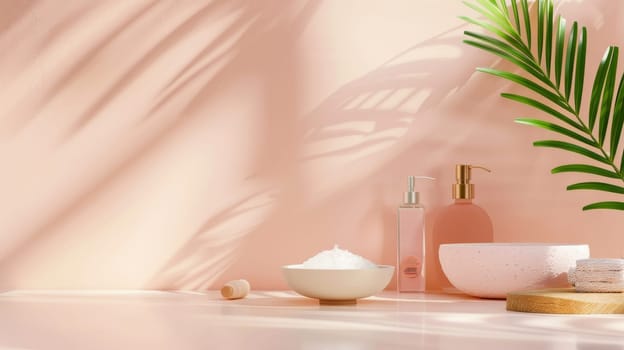 A white bowl with a pink bottle of lotion next to it. A green leaf is on the right side of the bowl