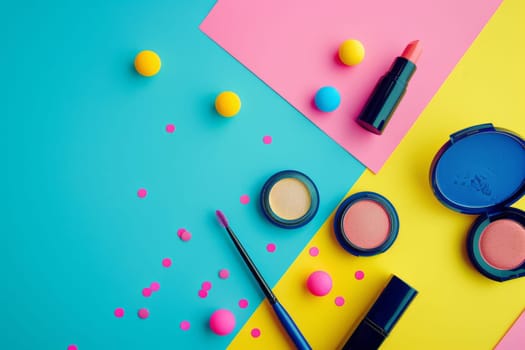 A colorful makeup palette with a brush and a lipstick. The palette is on a blue background with a pink and yellow border