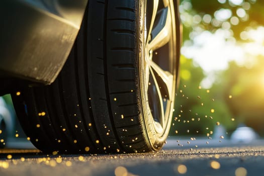 A car tire is covered in dust and debris. The tire is on a road and the sun is shining on it