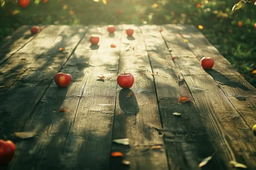 A rustic wooden table displays fresh juicy apples scattered across its surface, illuminated by soft sunlight, ideal for autumn-themed or agricultural imagery.