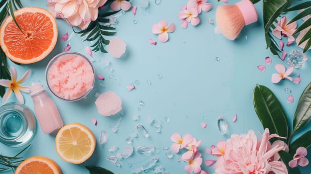 A blue background with a pink flower and a pink brush. There are oranges, lemons, and a bottle of lotion