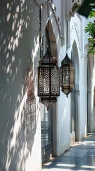 Elegant Islamic lanterns casting intricate shadows against a white wall, creating a captivating display.