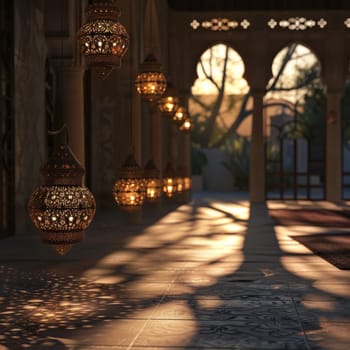 Dynamic 3D animation of Islamic lanterns swaying gently in the breeze, casting patterns of light and shadow.