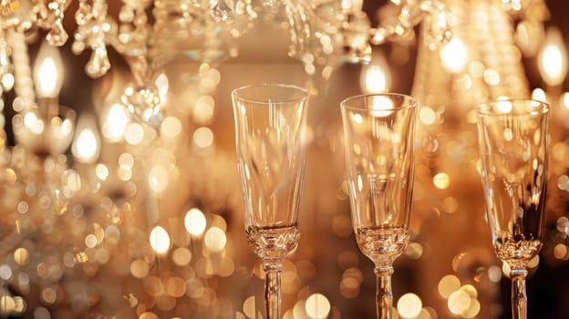 Elegant double exposure blending champagne flutes with elegant chandeliers for a sophisticated ballroom party