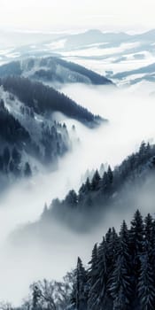 Dreamy double exposure of compact powder and fog over a valley.