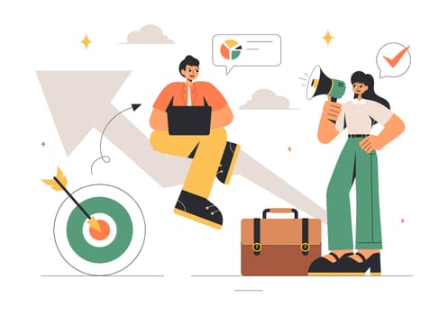 Vector Illustration of Women Leaders in Business, featuring a Female Leader in Meetings Focused on Career Growth, Victory, and Goal Achievement