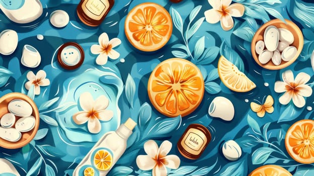 Intricate layout pattern of spa and relaxation items inspired by natural phenomena