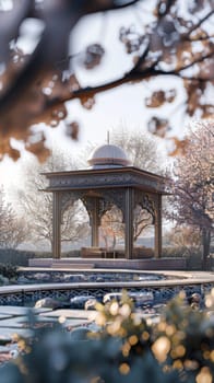 High-quality 3D rendering of an Islamic garden pavilion, providing a tranquil retreat for contemplation and reflection.