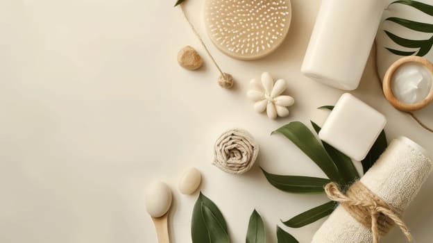 A white background with a variety of items including a bottle of lotion, a bottle of soap. Beauty and wellness layout