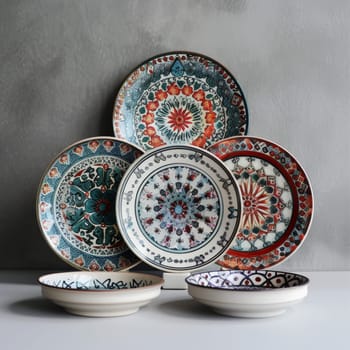 Hand-painted Islamic ceramics showcasing intricate designs, perfect for tabletop decorations.