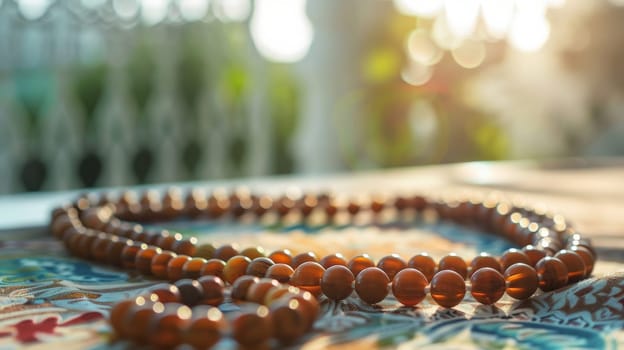 Islamic prayer beads arranged neatly on a white surface, symbolizing devotion and reflection.