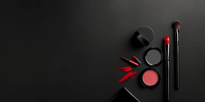 Makeup items arranged neatly with space for promotional text.