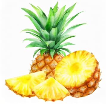 pineapple with green leaf and slices isolated on white background