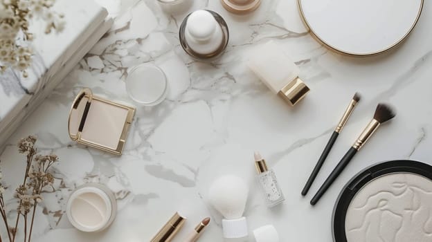 Modern flat lay setup featuring minimalist aesthetics and premium cosmetic essentials.