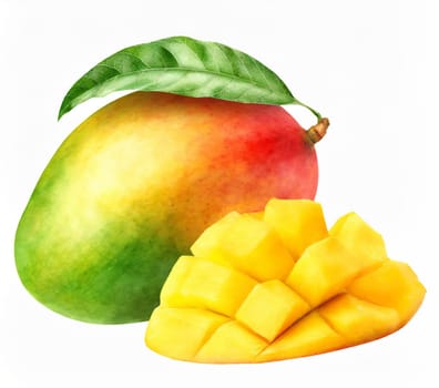 mango with green leaf and slices isolated on white background