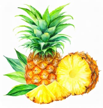 pineapple with green leaf and slices isolated on white background