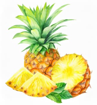 pineapple with green leaf and slices isolated on white background