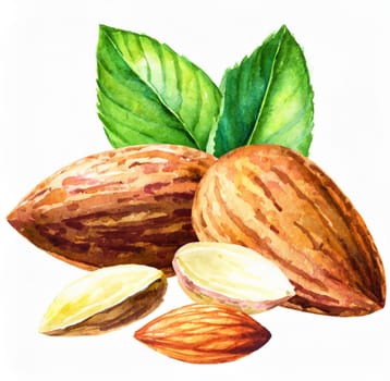 Almonds with Green Leaves - Watercolor Illustration