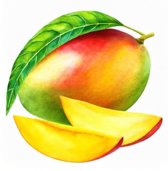 mango with green leaf and slices isolated on white background
