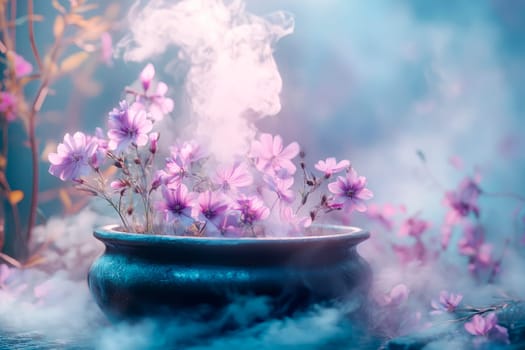Incense burning in an incense burner clay bowl with purple flowers. AI generated