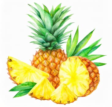 pineapple with green leaf and slices isolated on white background