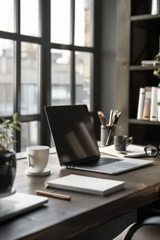 Modern corporate workspace with business supplies.