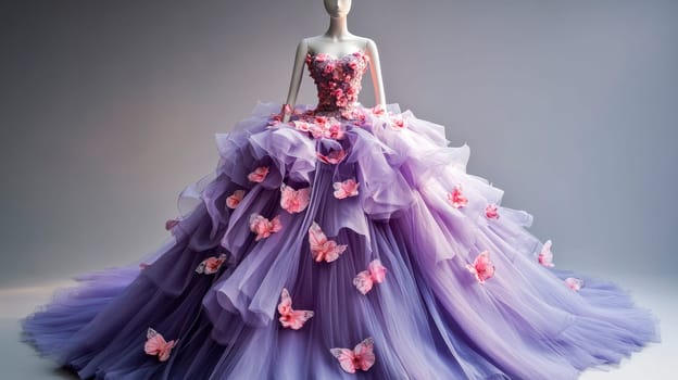 Mannequin with elegant dress decorated with pink flowers and butterflies.  AI generated