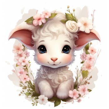 Cute lamb in flower wreath illustration. Funny baby character in spring wildflowers and herbs