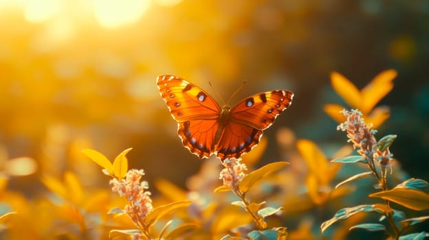 A butterfly resting on a meadow against sunlight. AI generated