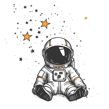 Astronaut among stardust doodle illustration. Baby character sitting astronaut on the moon