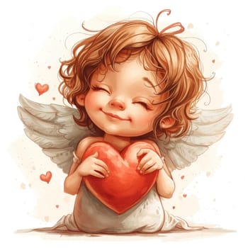 Cute vintage illustration of dreaming angel girl. Child character with heart in his hands. Peaceful calm happy angel