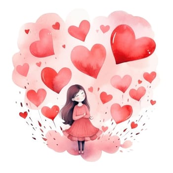 Cute watercolor illustration of girl with hearts. Abstract image of dreaming romantic girl