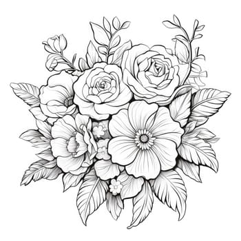 Coloring page bouquet of flowers, simple black outline, no flowers. Beautiful flower arrangement, isolated sketch on white background