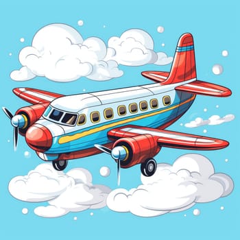 Airplane in blue sky with clouds illustration. Baby flying vehicle in the cloudy sky. Flight, tourist travel