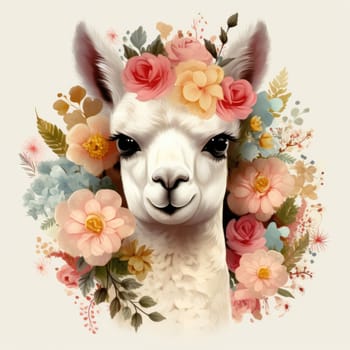 Square postcard with lama in flowers. Beautiful gooova alpaca decorated with exotic flowers, herbs and foliage, illustration