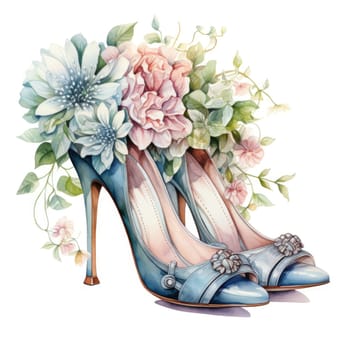 Beautiful women's high-heeled shoes, decorated with flowers. Watercolor illustration of festive shoes for wedding, clip art