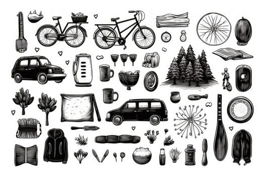 Travel and exploration ink doodle sketch illustration. Set of tourism, hiking, vacation elements