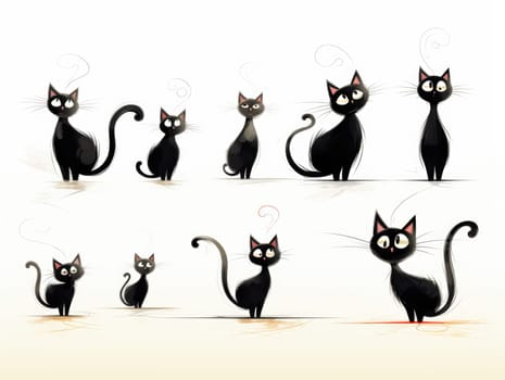 Several cats are depicted in different poses, in style of playful line drawings, soft and round shapes and lively facial expressions.