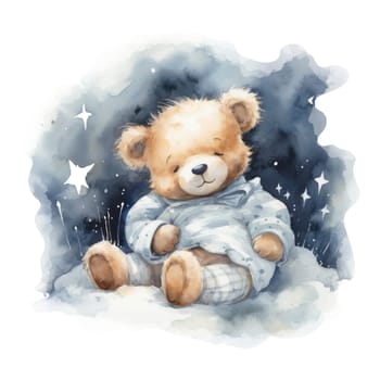 Watercolor teddy bear is sleeping. Cute baby teddy character isolated on white background