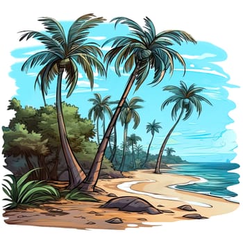 Tropical coast with palm trees illustration. Coastline with tropical picturesque forest. Beach summer holiday clip art