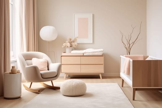 Children's room in pastel colors. Cozy room for newborn with cradle. Minimalistic interior of kids room. Mockup of paintings on the wall